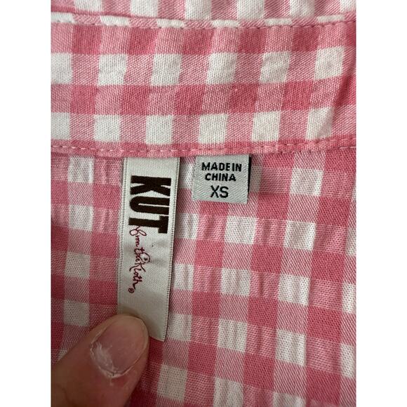 Kut From The Cloth Size XS Plaid V Neck Casual Button Top Pink Long Sleeve - Picture 5 of 8